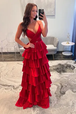 Charming Red Satin A Line V Neck Tiered Prom Dresses With Slit, SLP069