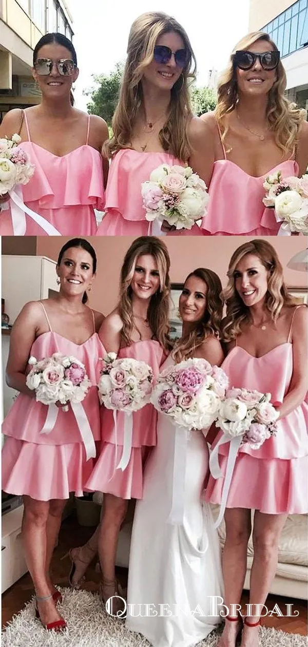Cheap Spaghetti Straps Sleeveless Tiered A Line Short Bridesmaid Dresses, QB0680