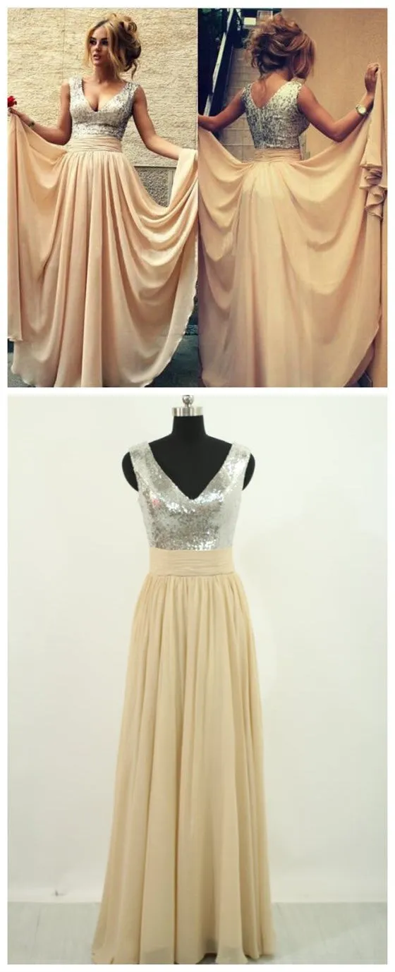 Cheap V-Neck Long Chiffon Charming Prom Dresses, BG51085