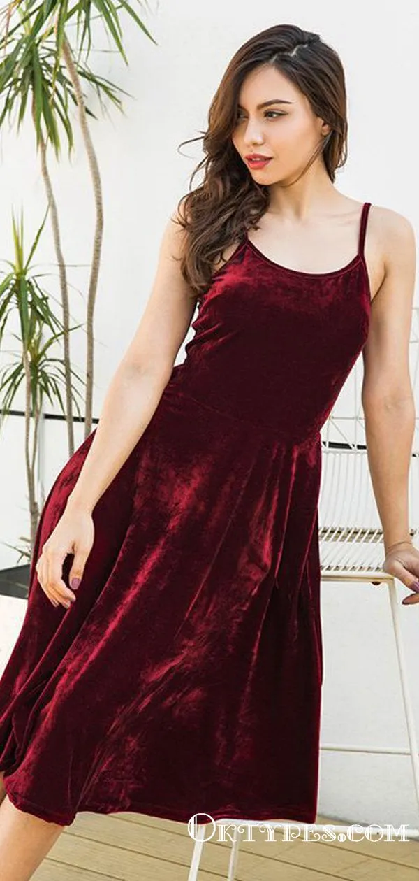 Chic A-Line Scoop Neck Open Back Burgundy Velvet Knee Length Homecoming Dresses, TYP1998