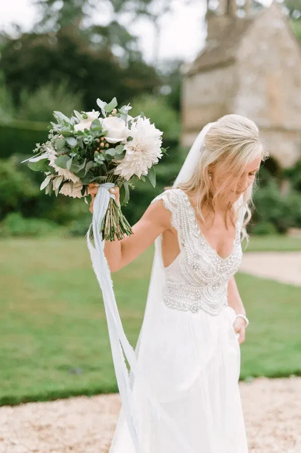 Chiffon A-line Beaded Open Back Wedding Dresses, Beach Bridal Gowns, MW829