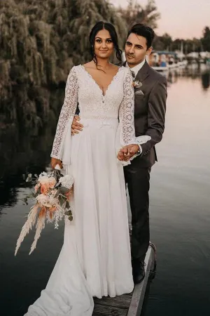 Chiffon A-line V-neck Backless Lace Wedding Dresses, Bridal Gowns, MW845
