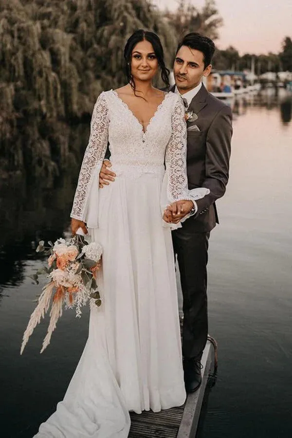 Chiffon A-line V-neck Backless Lace Wedding Dresses, Bridal Gowns, MW845