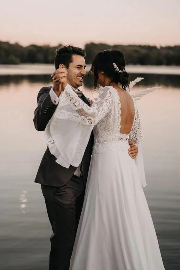 Chiffon A-line V-neck Backless Lace Wedding Dresses, Bridal Gowns, MW845