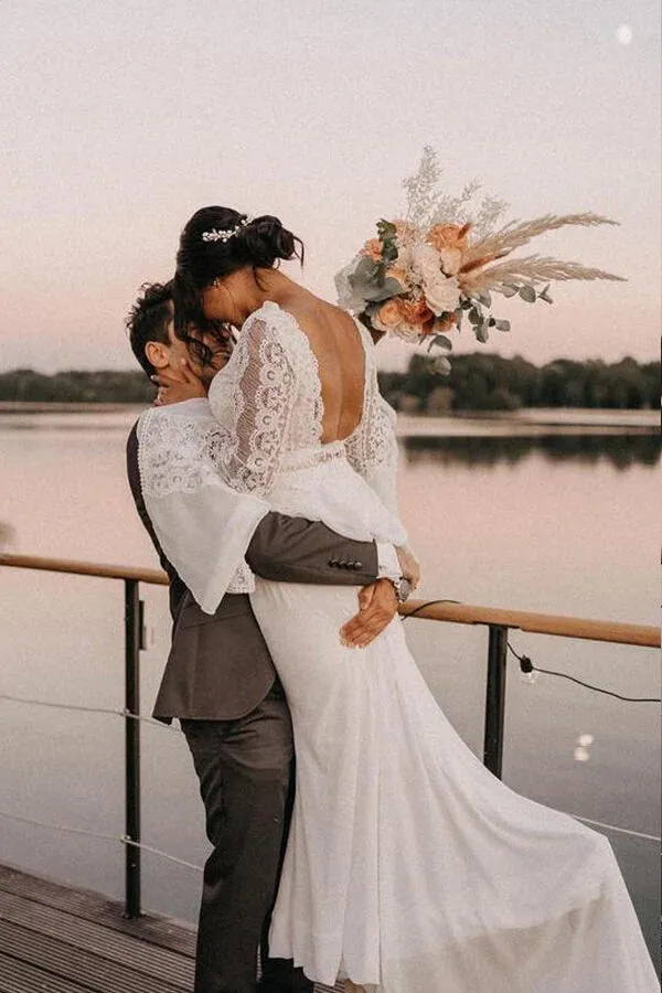 Chiffon A-line V-neck Backless Lace Wedding Dresses, Bridal Gowns, MW845