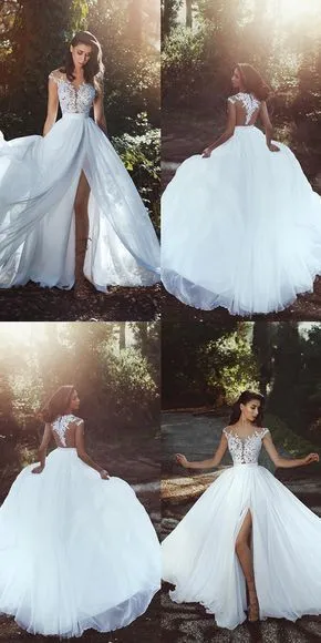 chiffon beach wedding dresses for bride lace appliqué cap sleeve sexy cheap bridal dresses vestido de noiva