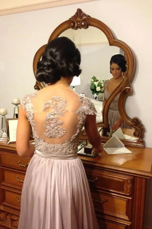 Chiffon Beaded Simple A-line Cap Sleeve Long Bridesmaid Dresses on line, MB124