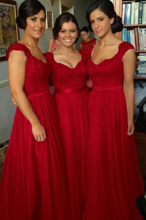 Chiffon Beaded Simple A-line Cap Sleeve Long Bridesmaid Dresses on line, MB124