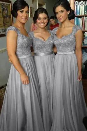 Chiffon Beaded Simple A-line Cap Sleeve Long Bridesmaid Dresses on line, MB124