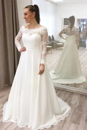 Chiffon Boho Wedding Gowns with Illusion Lace Sleeves