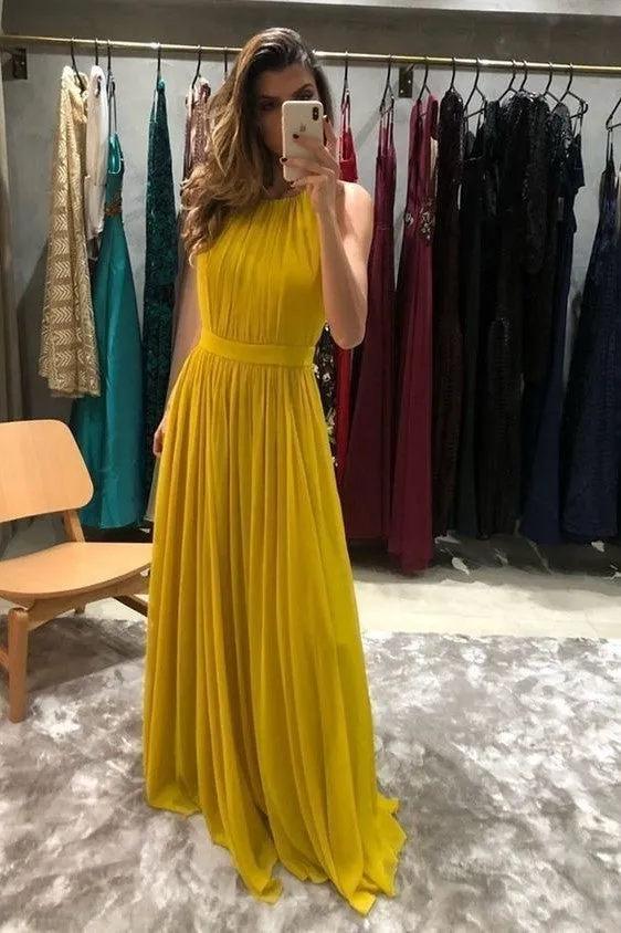 Chiffon Floor-Length Yellow Prom Dress for Night Party