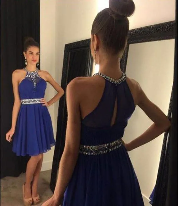 Chiffon Halter Sweetheart A-line Short Prom Dresses with Beading, Homecoming Dress, MH177