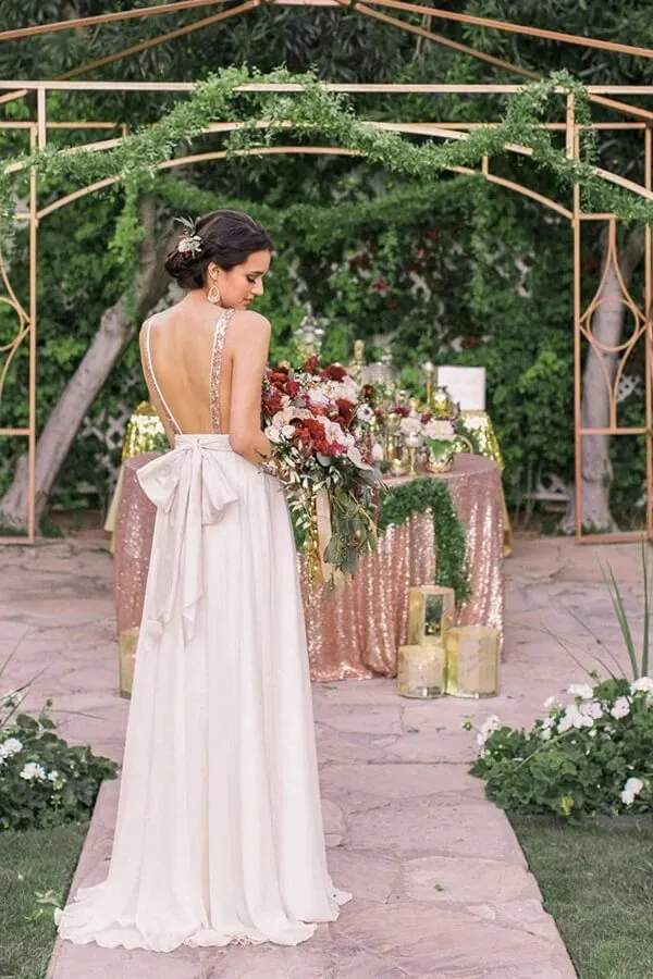 Chiffon Sequins A-line V-neck Long Bridesmaid Dresses With Bowknot, MBD227