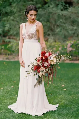 Chiffon Sequins A-line V-neck Long Bridesmaid Dresses With Bowknot, MBD227