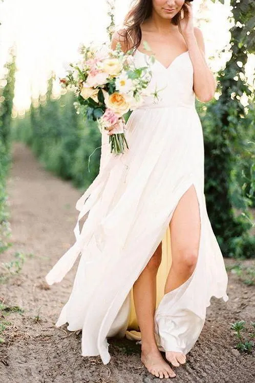 Chiffon Summer Beach Wedding Dresses with Slit Side