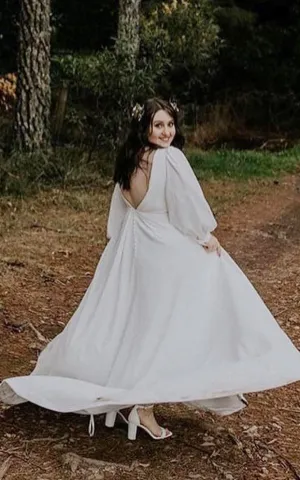 Chiffon V-neck A-Line Casual Elegant Beach Wedding Dress With Ruching And Deep-V Back-716588