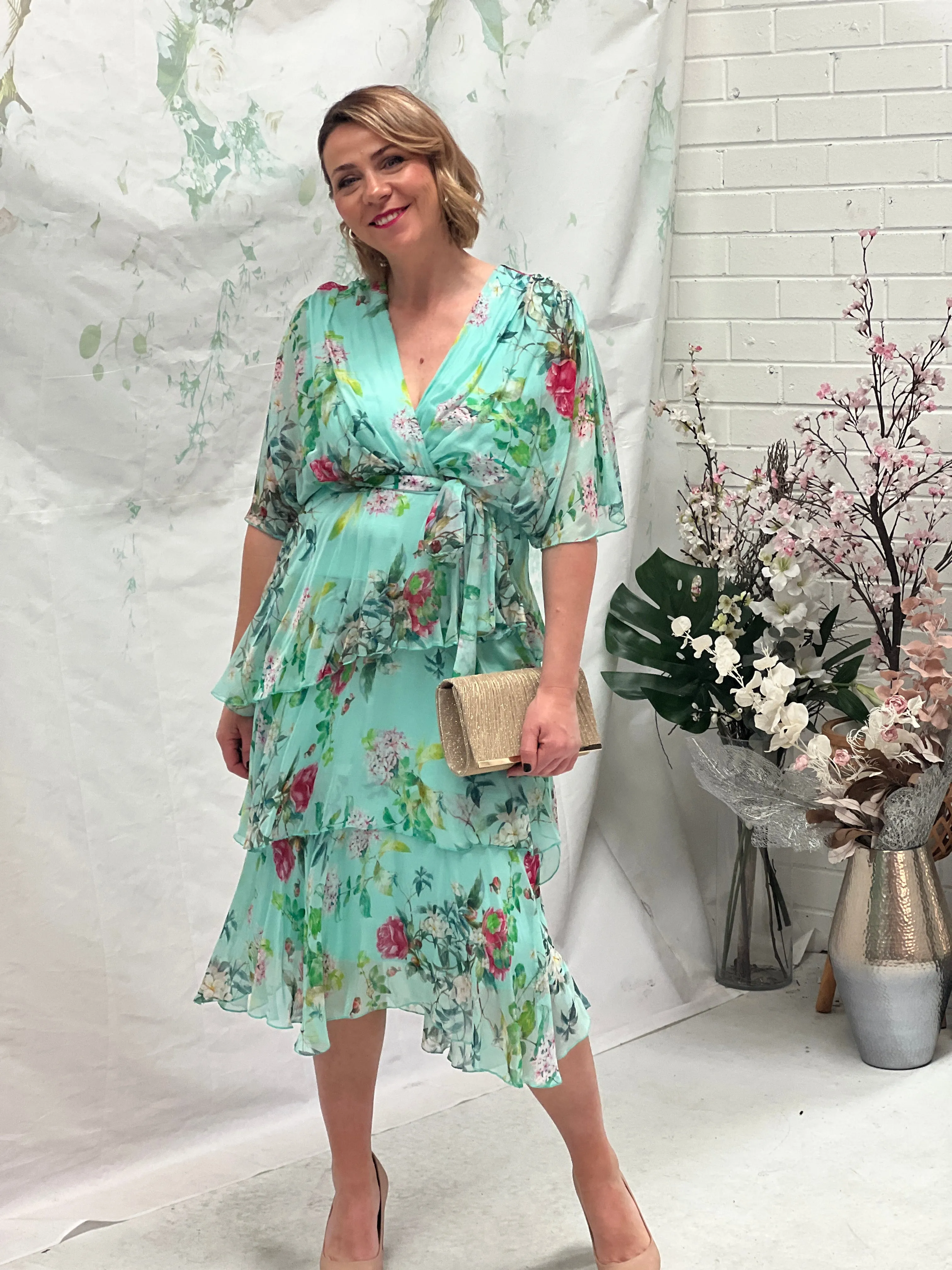 Clara Mint Floral Silk Dress