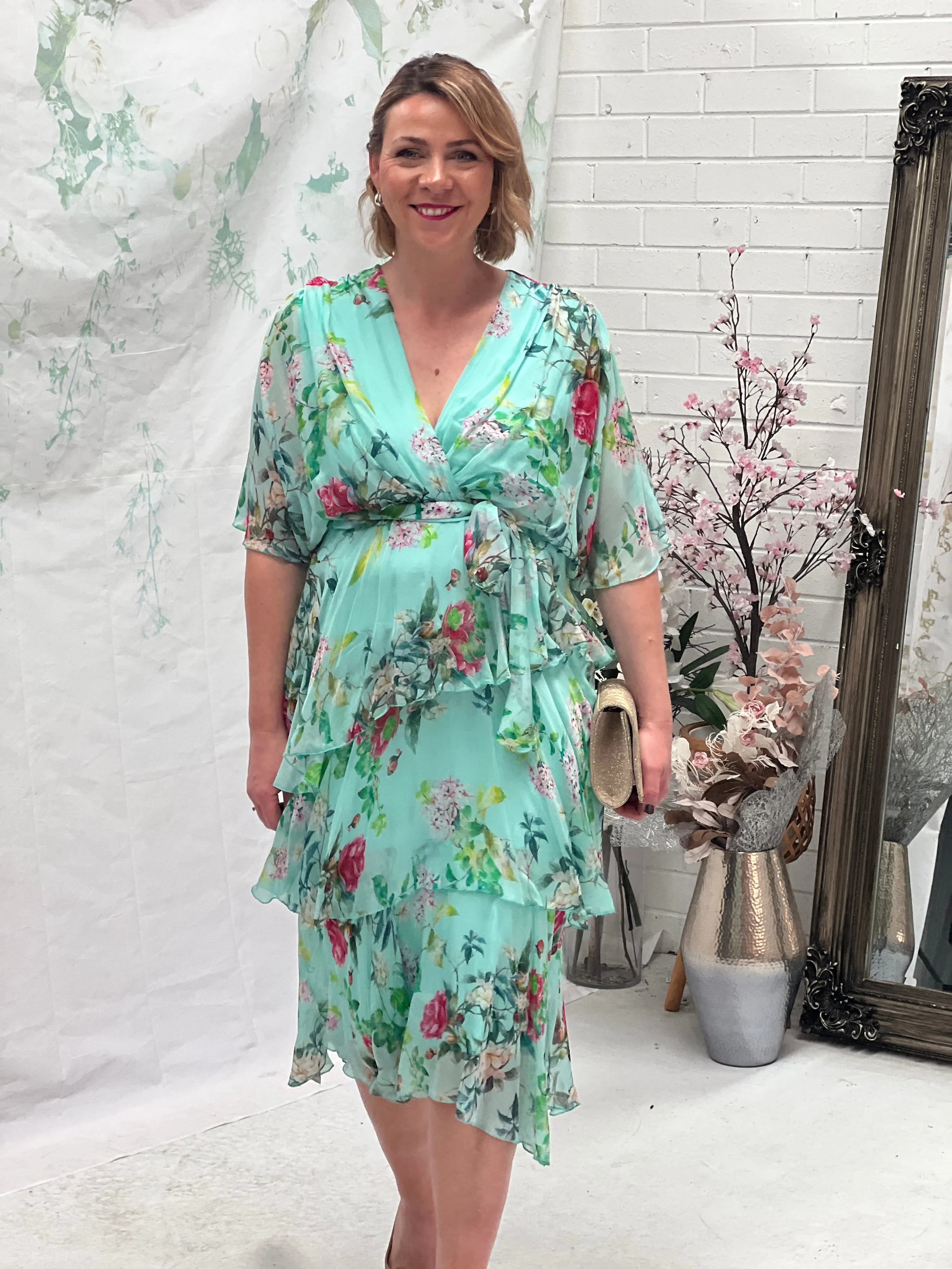 Clara Mint Floral Silk Dress