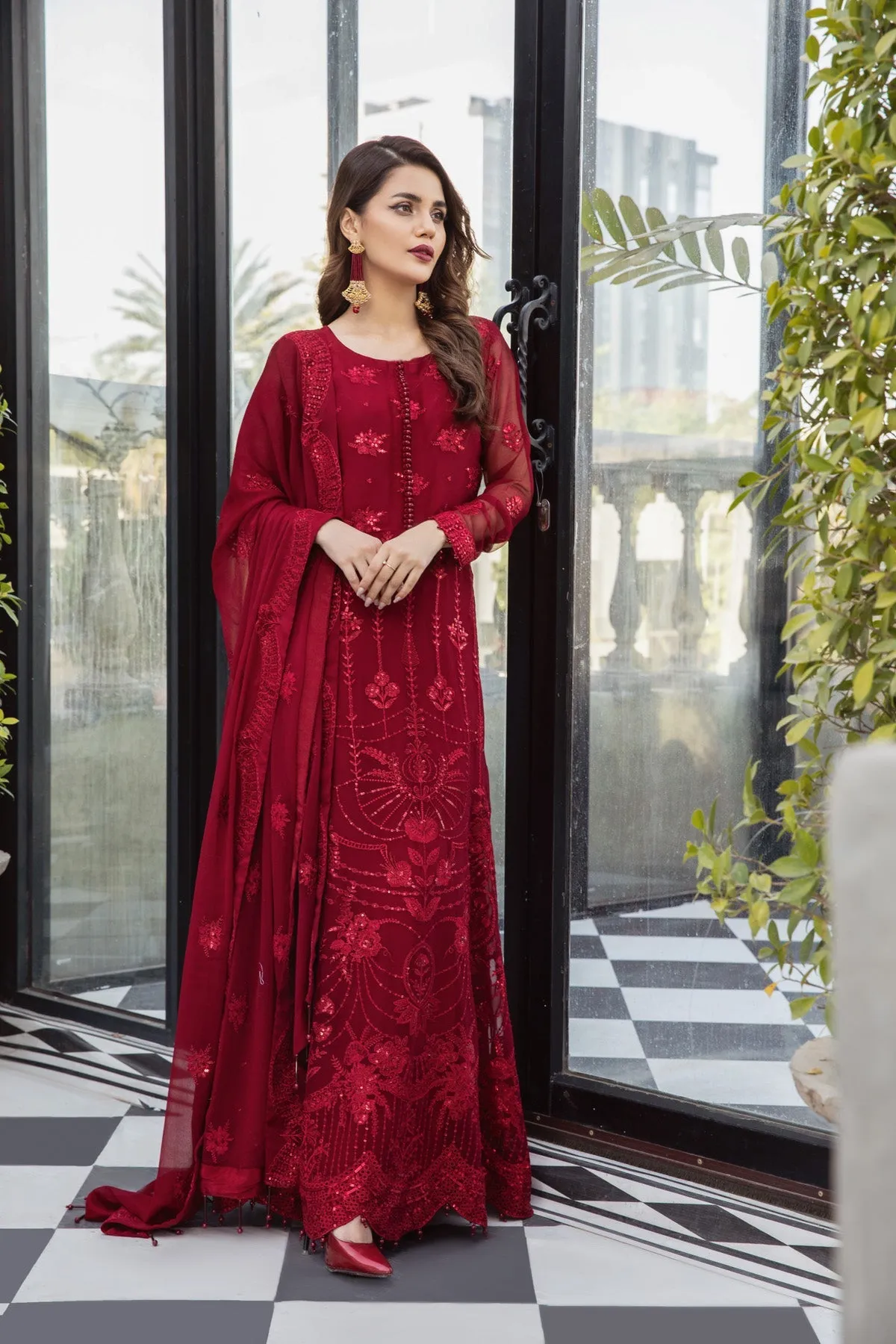 Classic Red Pakistani Embroidered Frock Lehenga Wedding Dress