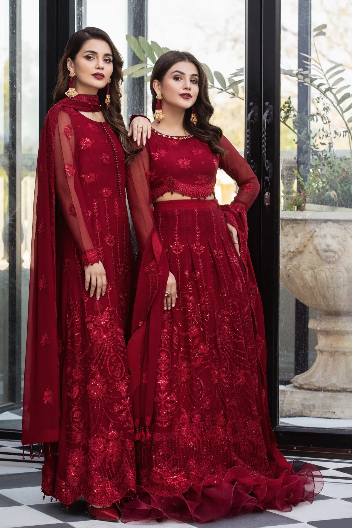 Classic Red Pakistani Embroidered Frock Lehenga Wedding Dress