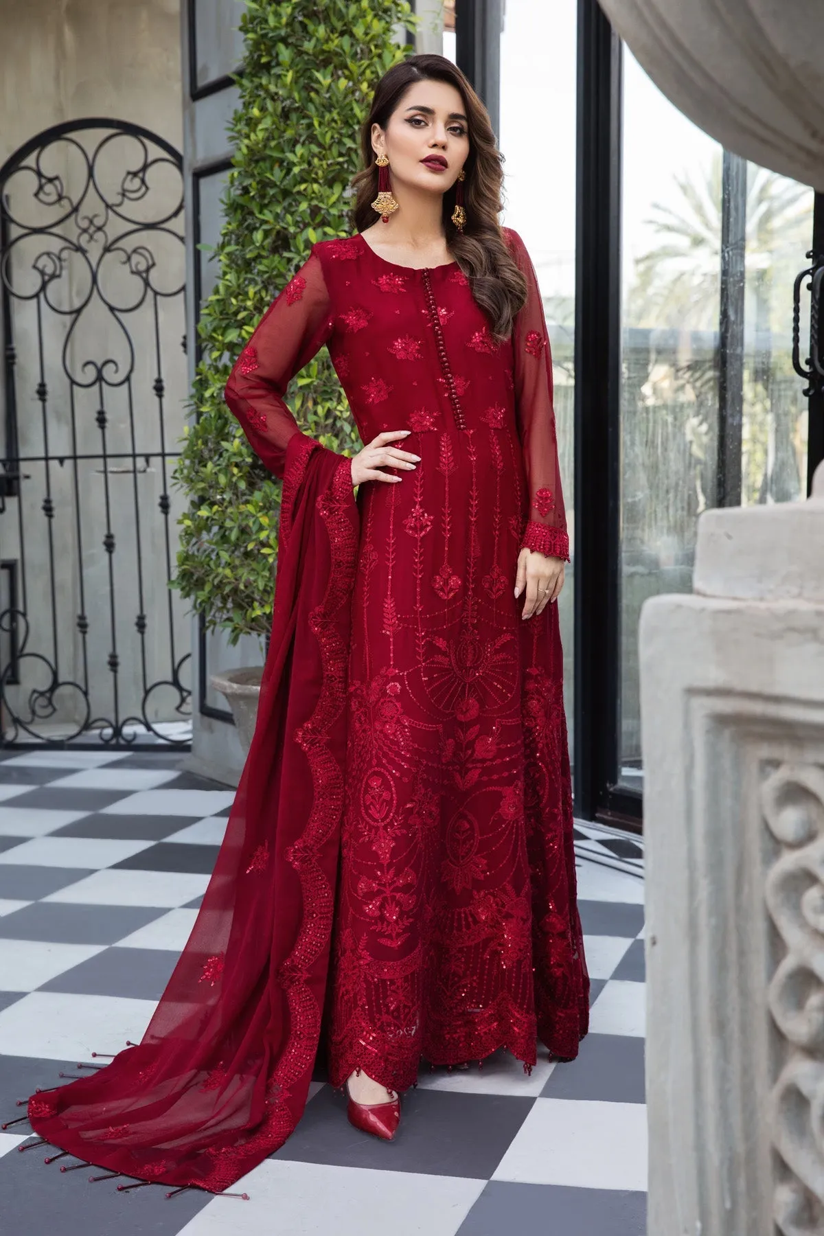 Classic Red Pakistani Embroidered Frock Lehenga Wedding Dress