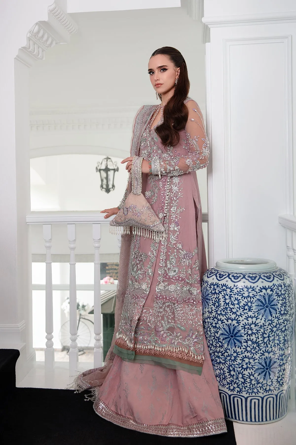 Classic Tea Pink Embroidered Pakistani Wedding Wear Kameez Sharara