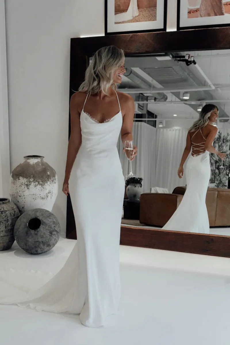 Cordelia | Mermaid Satin White Spaghetti-Straps Wedding Dresses With Lace-Up Back