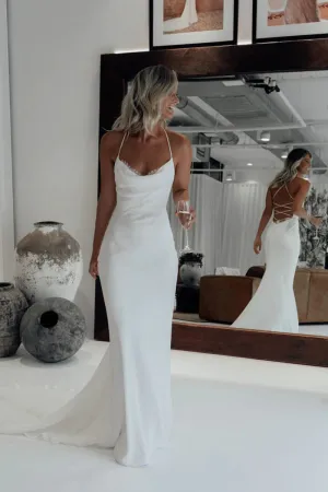 Cordelia | Mermaid Satin White Spaghetti-Straps Wedding Dresses With Lace-Up Back
