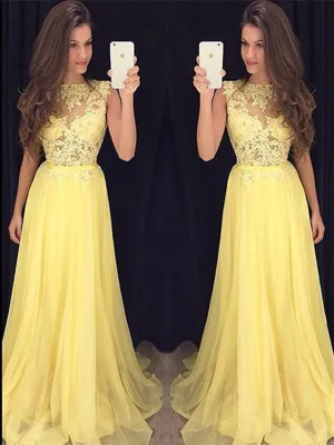 Custom Made A Line Round Neck Lace Yellow Chiffon Long Prom, Yellow Lace Graduation, Formal Evening