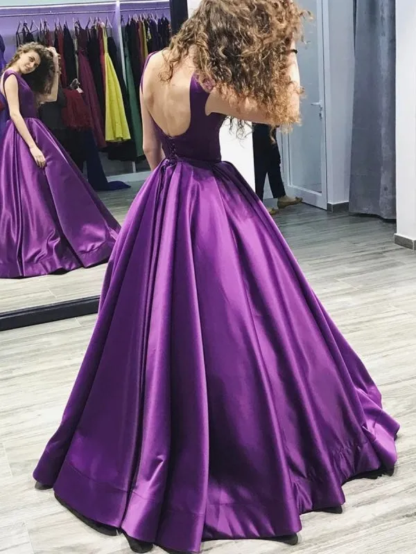 Custom Made Purple Scoop Neck Backless Satin Long Ball Gown Prom, Pueple Backless Evening