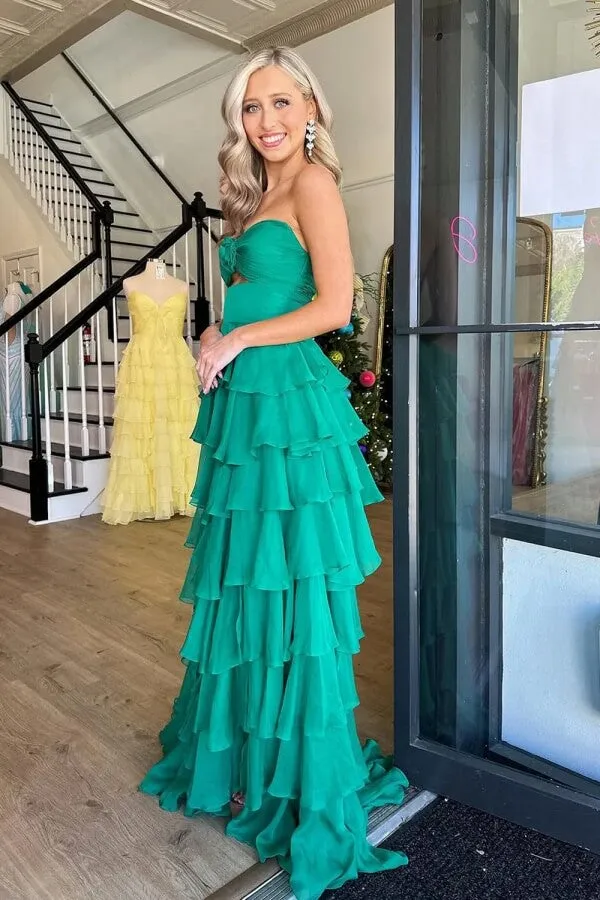 Cute Green Tiered Chiffon A Line Strapless Sweetheart Prom Dresses, MP1012