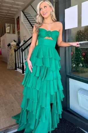 Cute Green Tiered Chiffon A Line Strapless Sweetheart Prom Dresses, MP1012