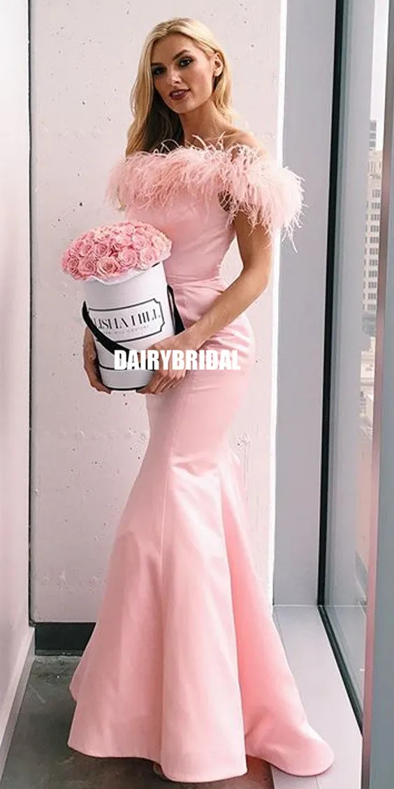 Cute Pink Satin Mermaid Off Shoulder Backless Elegant Prom Dresses, FC2397