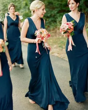 Dark Green Chiffon Bridesmaid Dresses V-Neck Maid of Honor Party Gowns Cowl Back Floor Length