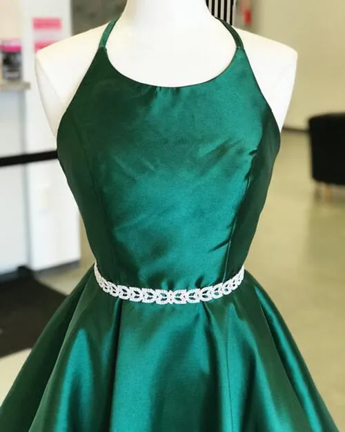 Dark Green Satin Round Neck Homecoming Dresses, Short Prom Dress, MH526
