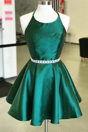 Dark Green Satin Round Neck Homecoming Dresses, Short Prom Dress, MH526