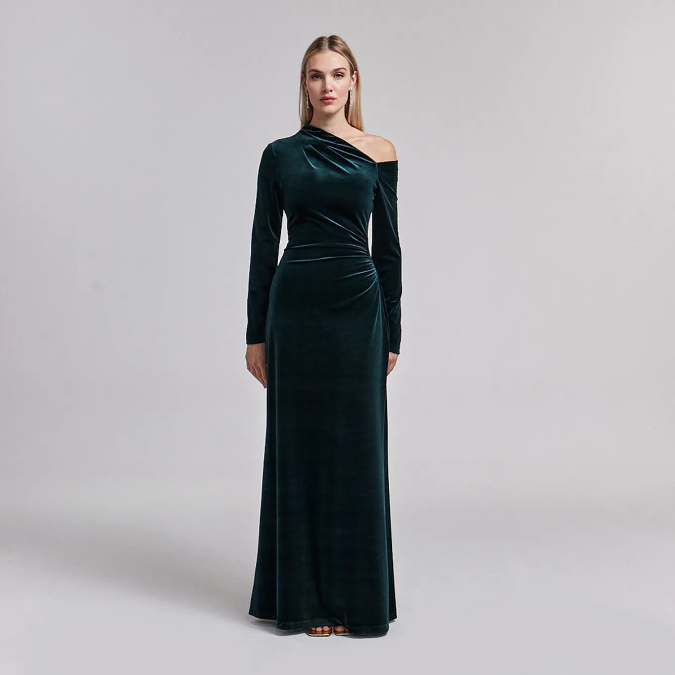 Dark Green Velvet Bare Shoulder Maxi Dress