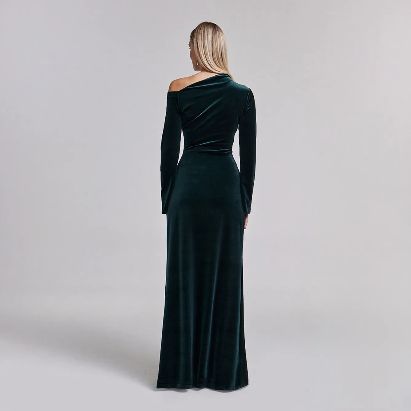 Dark Green Velvet Bare Shoulder Maxi Dress