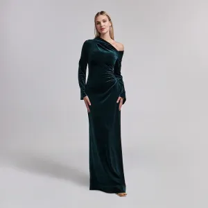 Dark Green Velvet Bare Shoulder Maxi Dress