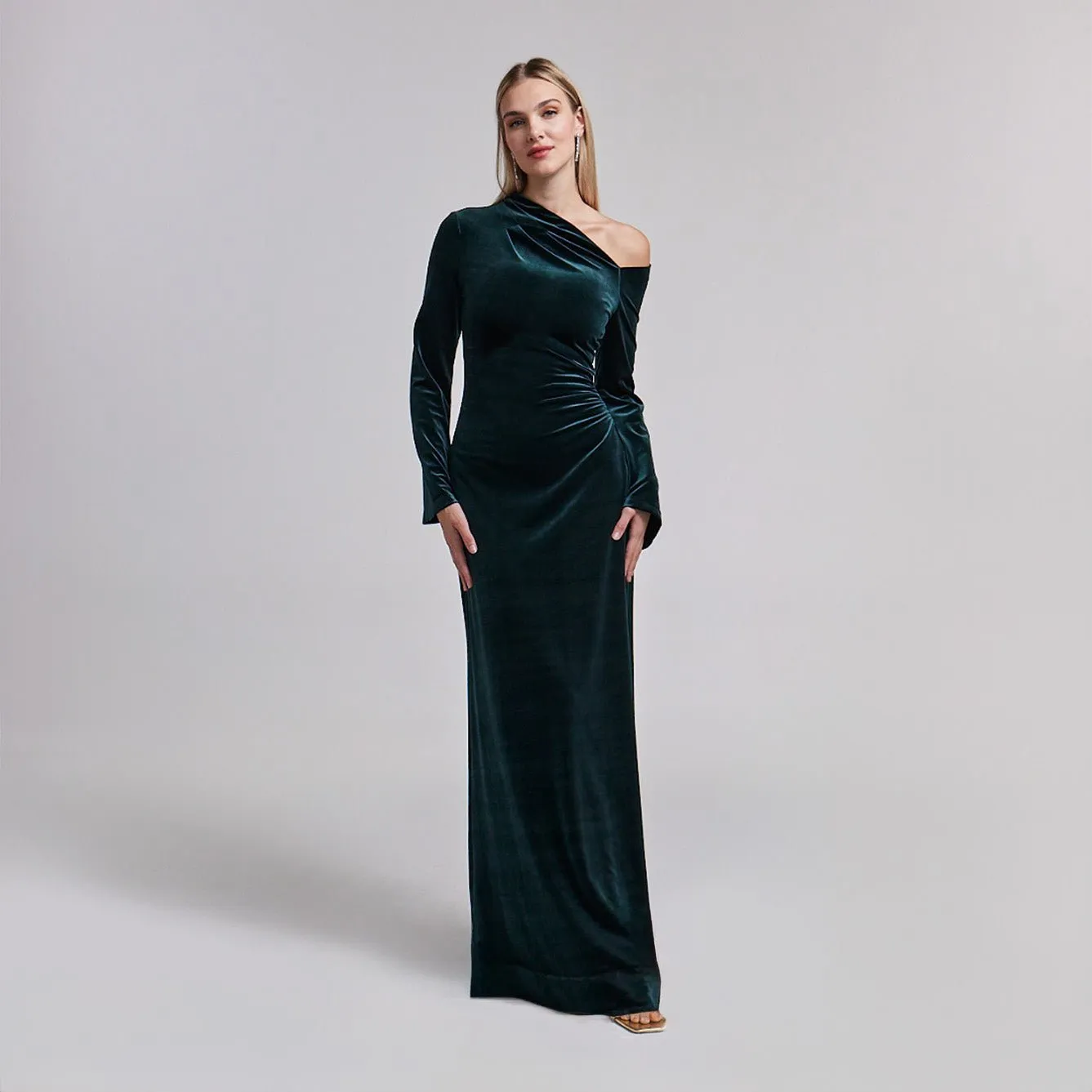 Dark Green Velvet Bare Shoulder Maxi Dress