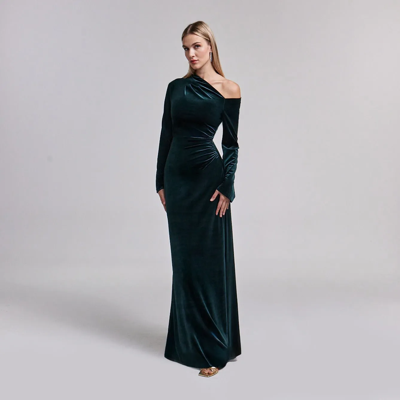 Dark Green Velvet Bare Shoulder Maxi Dress