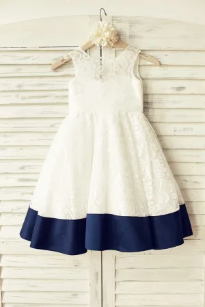 Deep V Back Ivory Lace Flower Girl Dress, Navy Blue Bow