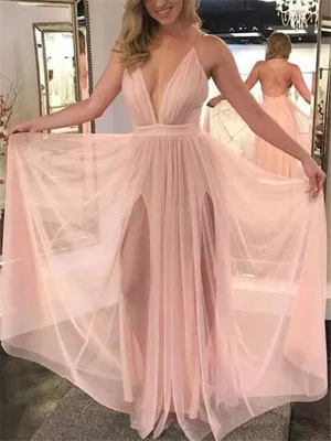 Deep V-neck Prom Dresses, Sexy Prom Dresses, Blush Pink Prom Dresses, Prom Dresses, BG0409