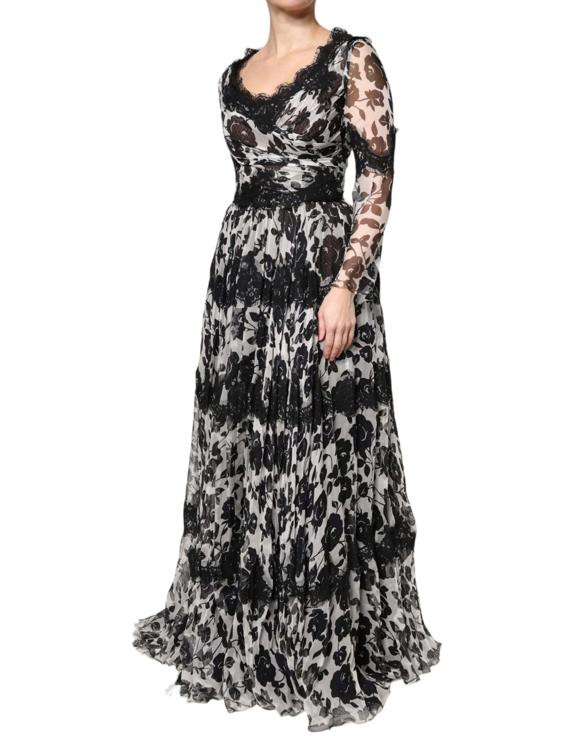 Dolce&Gabbana Women Black Dress Silk Floral Lace A-Line Maxi Ball Gown Sz IT 40