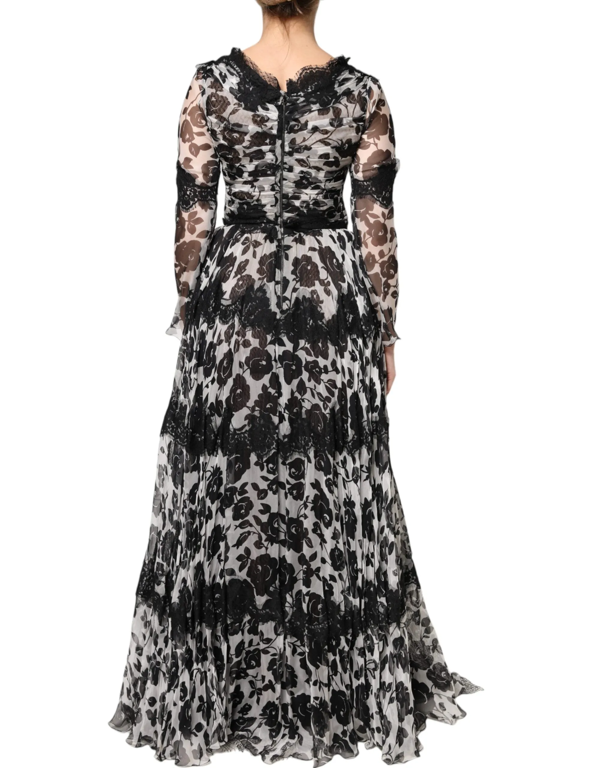 Dolce&Gabbana Women Black Dress Silk Floral Lace A-Line Maxi Ball Gown Sz IT 40