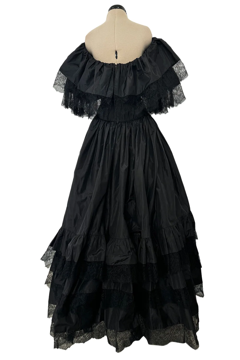 Dramatic 1970s Louis MiesOff Shoulder Haute Couture Silk Dress w Hand Made Lace & Full Skirt