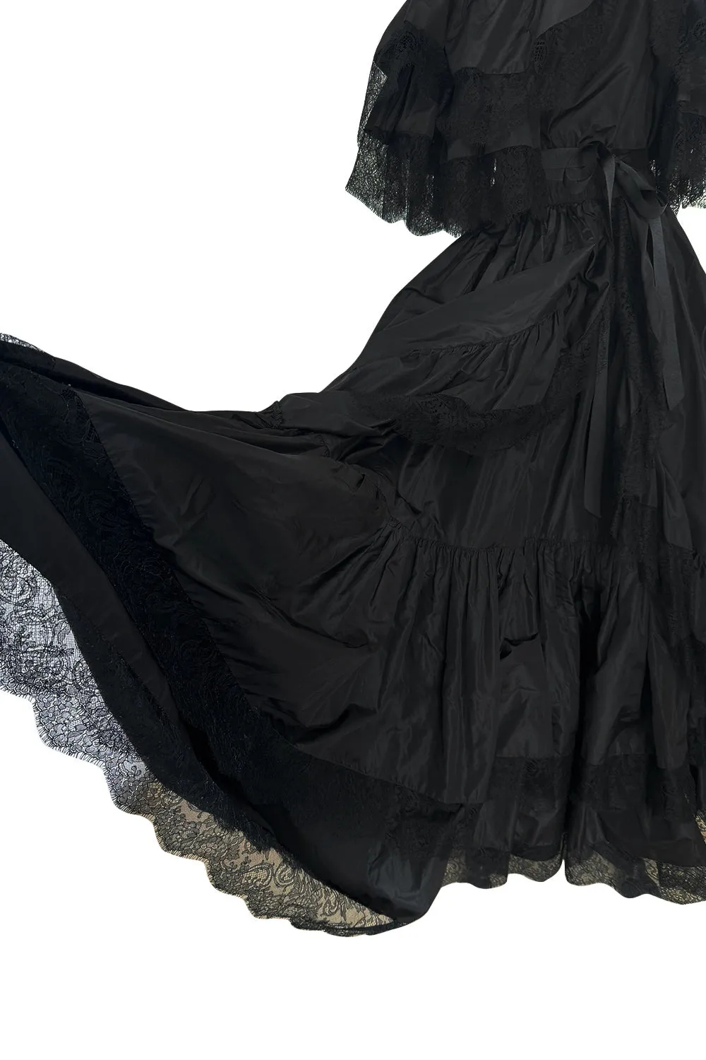 Dramatic 1970s Louis MiesOff Shoulder Haute Couture Silk Dress w Hand Made Lace & Full Skirt