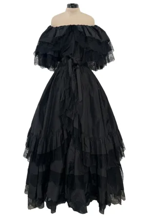 Dramatic 1970s Louis MiesOff Shoulder Haute Couture Silk Dress w Hand Made Lace & Full Skirt