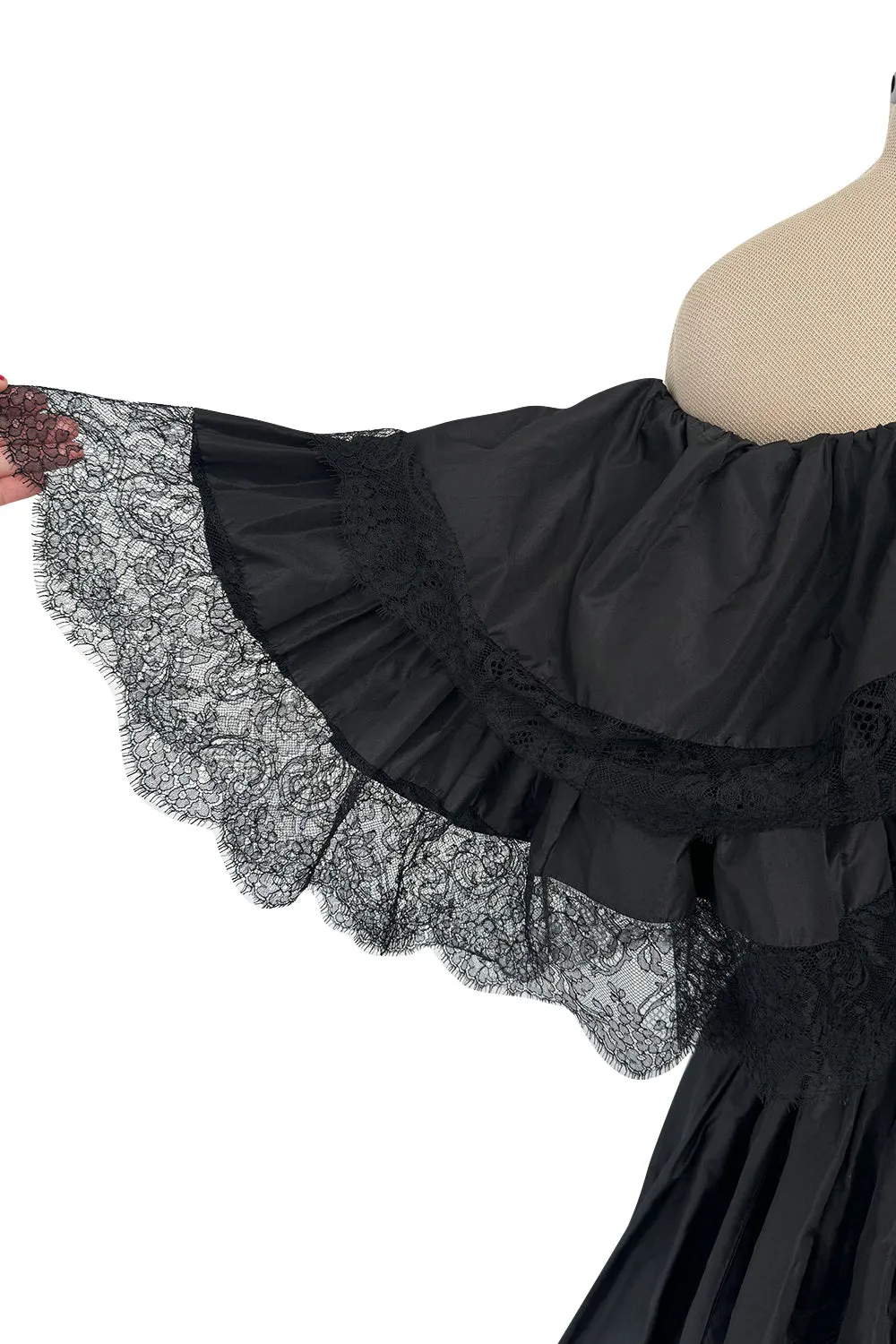 Dramatic 1970s Louis MiesOff Shoulder Haute Couture Silk Dress w Hand Made Lace & Full Skirt