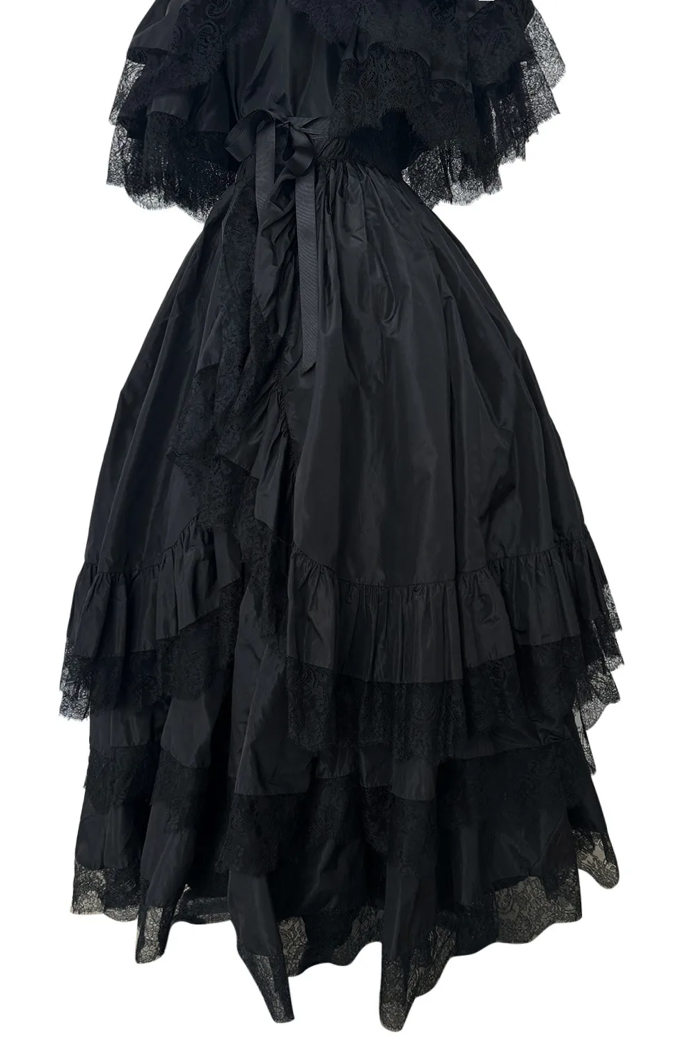 Dramatic 1970s Louis MiesOff Shoulder Haute Couture Silk Dress w Hand Made Lace & Full Skirt